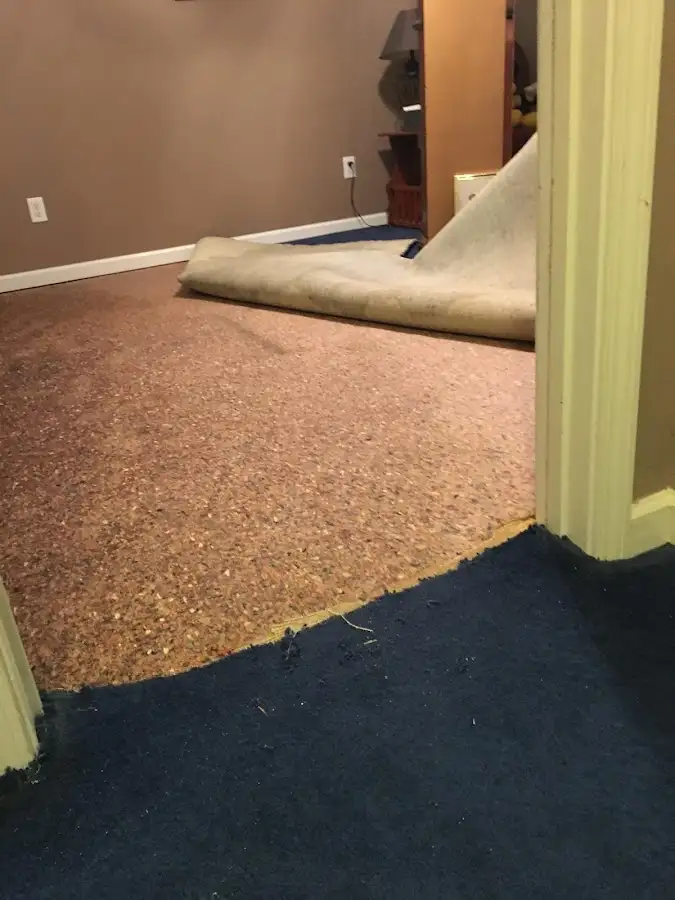 Carpet pad removal revealing water damage during Drying & Dehumidification in Seguin