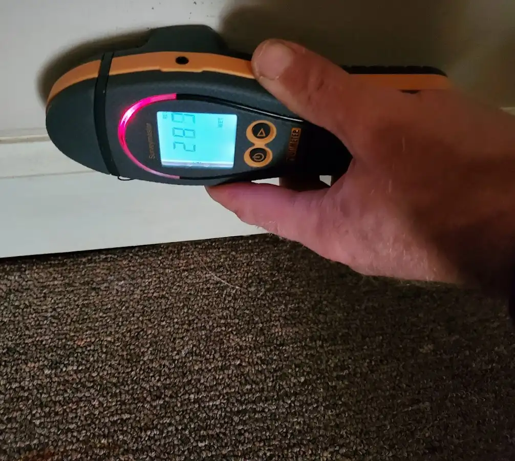 Moisture detection at baseboard during Storm Damage Restoration in Seguin